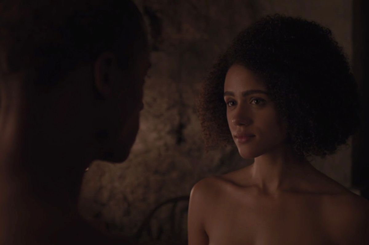 Jacob Anderson as Grey Worm and Nathalie Emmanuel as Missandei in "Game of Thrones" (HBO)