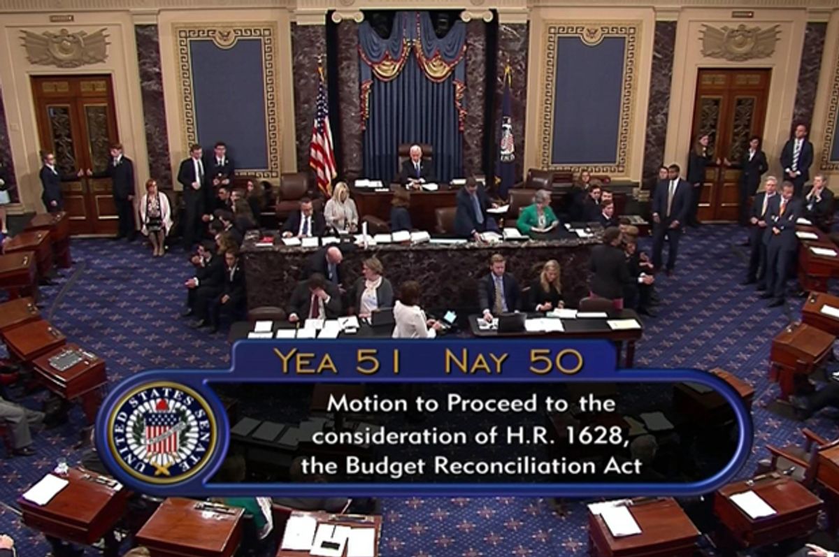 The final Senate vote, with Vice President Mike Pence's vote, to start debate to tear down much of the Obama health care law. (C-SPAN2 via AP)