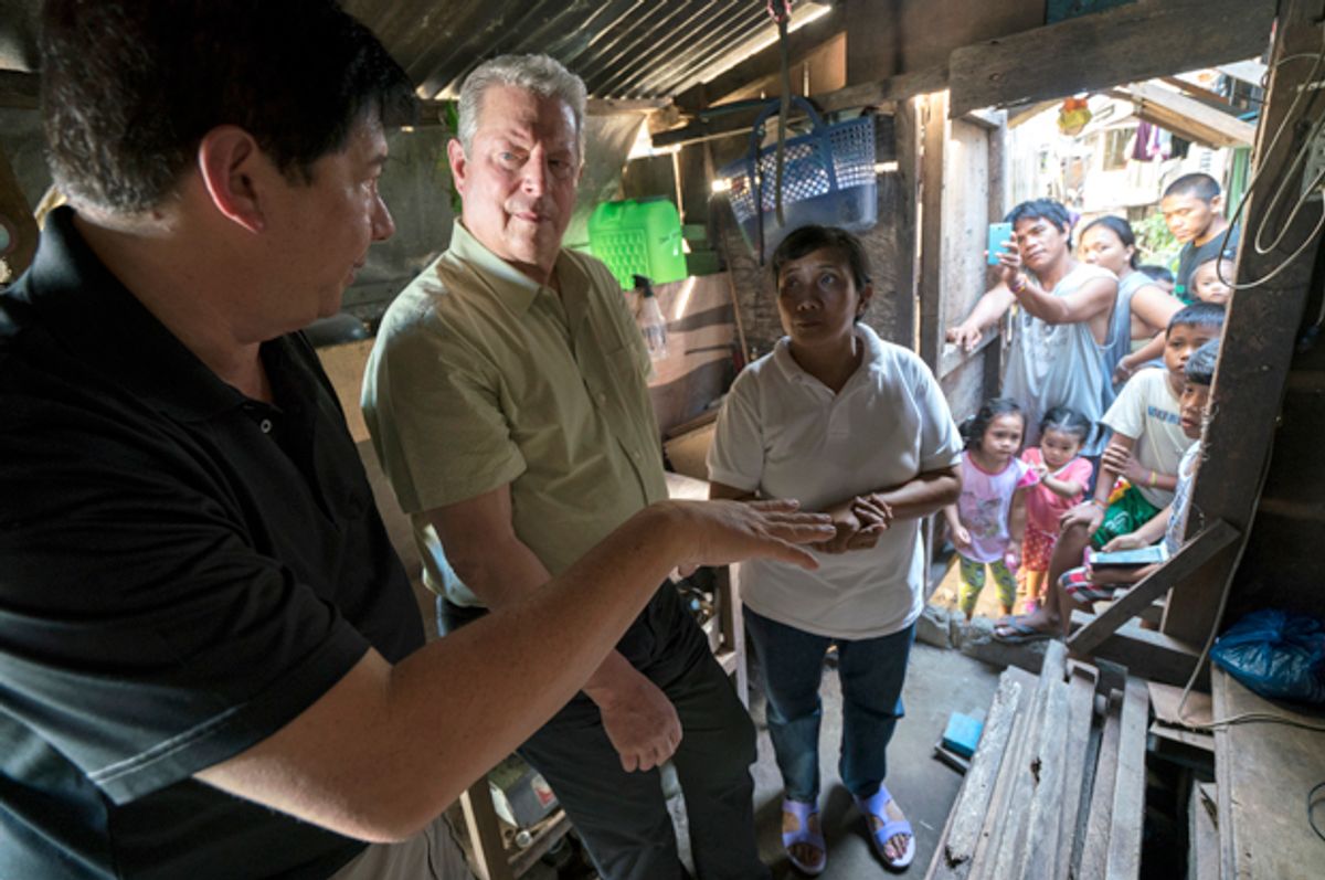 VP Al Gore with former Mayor of Tacloban City Alfred Romualdez and Typhoon Haiyan survivor Demi Raya in "An Inconvenient Sequel: Truth To Power" (Paramount Pictures/Jensen Walker)