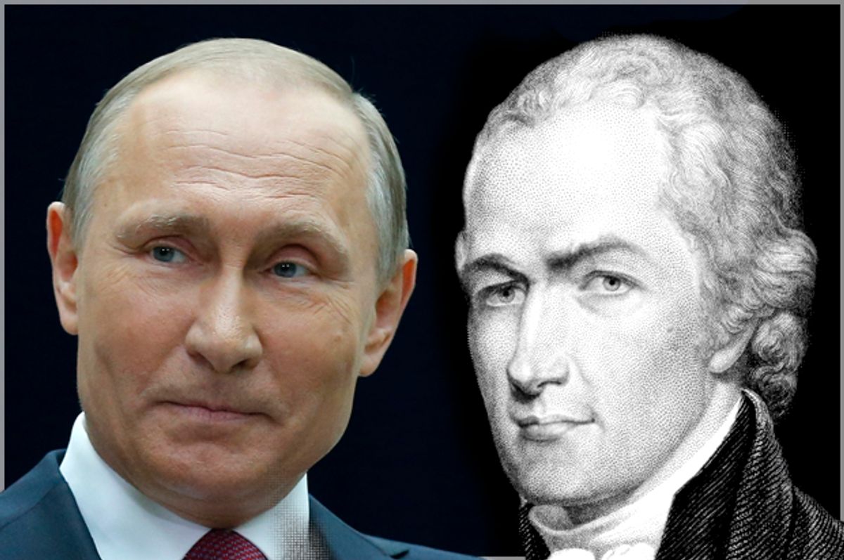 Vladimir Putin; Alexander Hamilton (AP/Alexander Zemlianichenko/Getty/GeorgiosArt)
