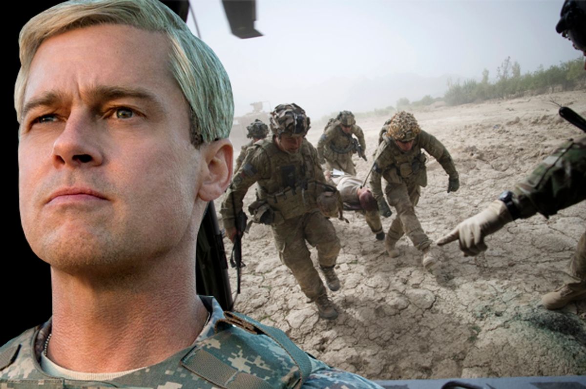 Brad Pitt in "War Machine"; Medics carrying a wounded US soldier to Kandahar Hospital Role, August 23, 2011.   (Netflix/Getty/Johannes Eisele/Salon)