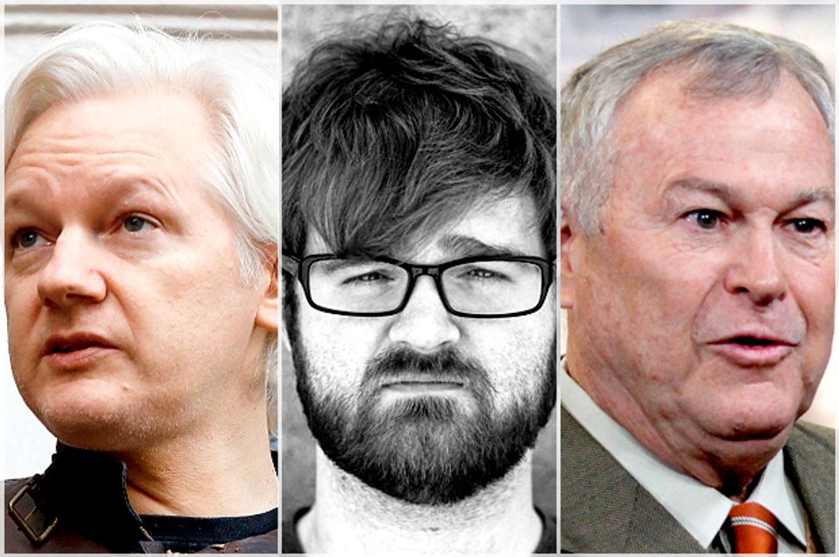 Julian Assange; Charles C. Johnson; Dana Rohrabacher   (AP/Frank Augstein/Lauren Victoria Burke/Encounter Books)