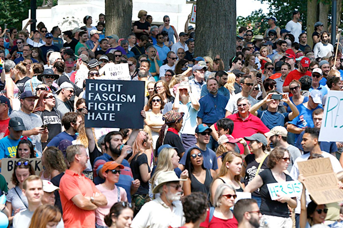 Counterprotesters stand on the periphery of a "Free Speech" rally staged by conservative activists on Boston Common, Saturday, Aug. 19, 2017, in Boston. (AP Photo/Michael Dwyer) (AP/Michael Dwyer)