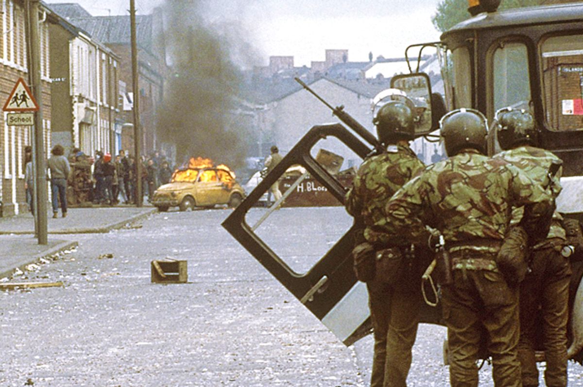 British troops clash with demonstrators in Belfast, Northern Ireland in 1981. (AP)