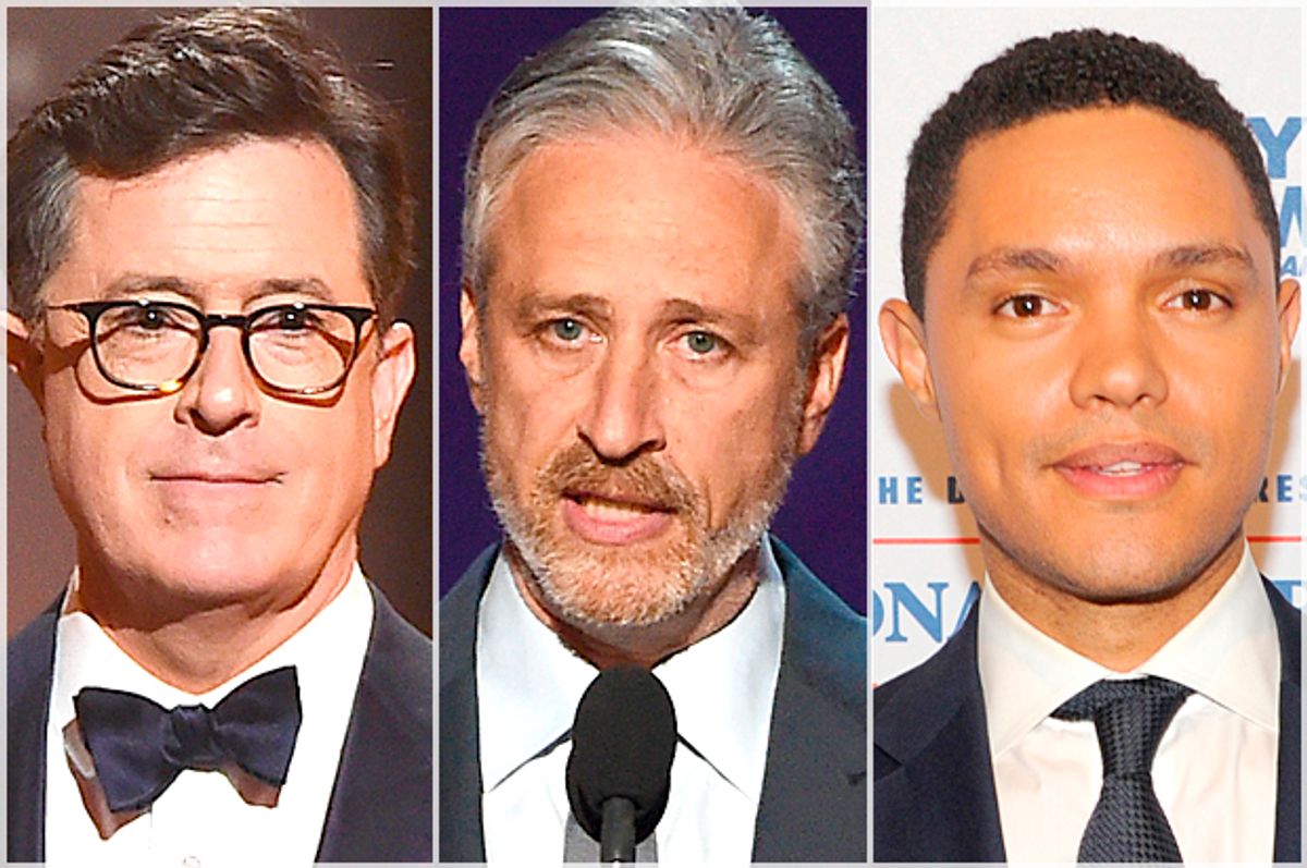 Stephen Colbert; Jon Stewart; Trevor Noah (Getty/Theo Wargo/Kevin Winter/Brad Barket)