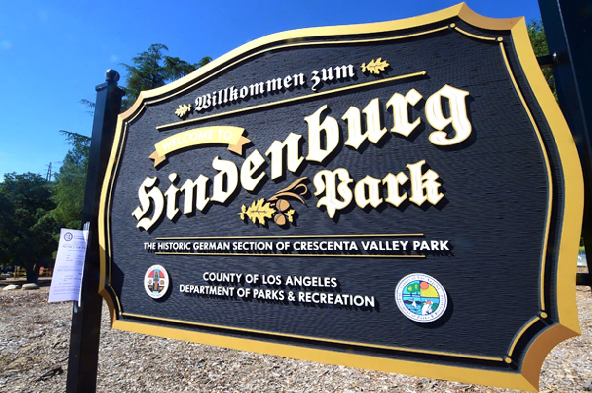 Hindenburg Park sign at Crescenta Valley Park in La Crescenta, Los Angeles CountyIt is two days before a public hearing scheduled on April 7, 2016 regarding the sign, which was sparked controvesy after it was erected last month because the location was the site of Nazi rallies and a Nazi youth camp during the 1930s. / AFP / FREDERIC J. BROWN        (Photo credit should read FREDERIC J. BROWN/AFP/Getty Images) (Getty/Frederic J. Brown)