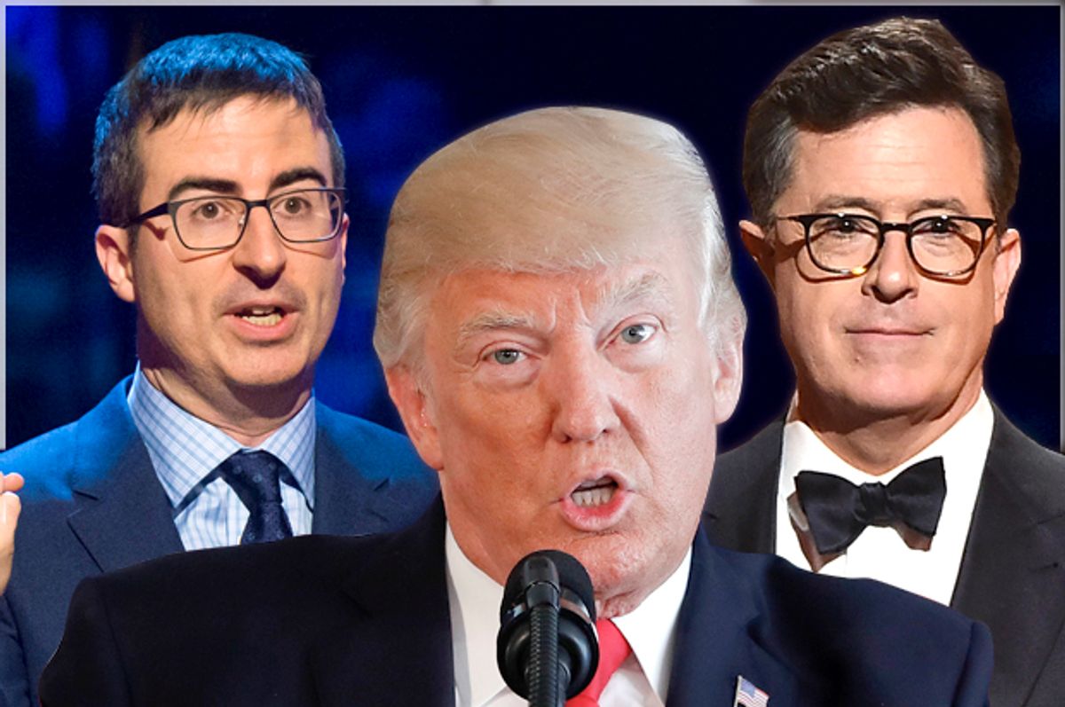 John Oliver; Donald Trump; Stephen Colbert   (AP/Charles Sykes/Pablo Martinez Monsivais/Theo Wargo)