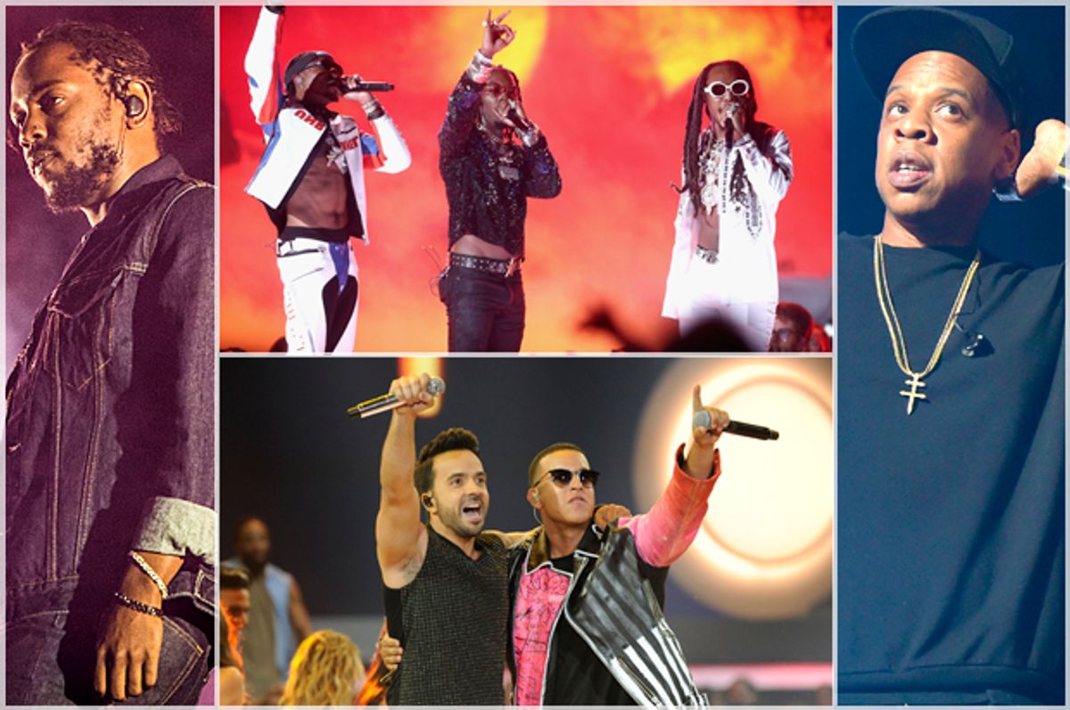 Kendrick Lamar; Migos;  Luis Fonsi and Daddy Yankee; Jay-Z   (AP/Amy Harris/Getty/Frederick M. Brown/Sergi Alexander/Theo Wargo)