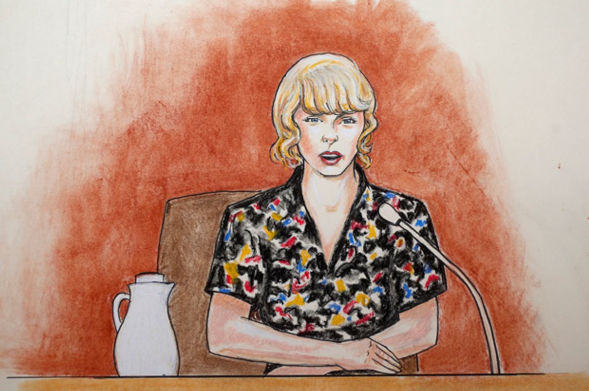 In this courtroom sketch, Taylor Swift speaks from the witness stand  (AP/Jeff Kandyba)