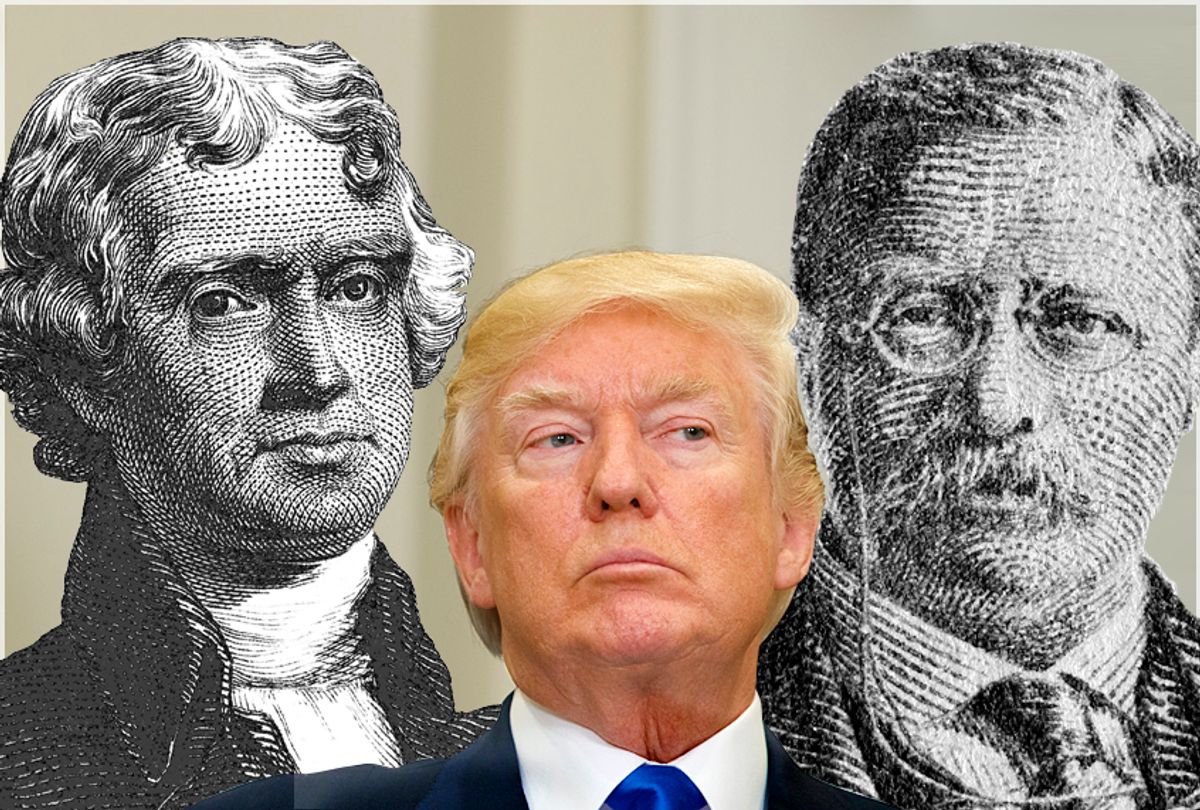 Thomas Jefferson; Donald Trump; Teddy Roosevelt (AP/Evan Vucci/Getty/AlexLMX/	peterspiro)