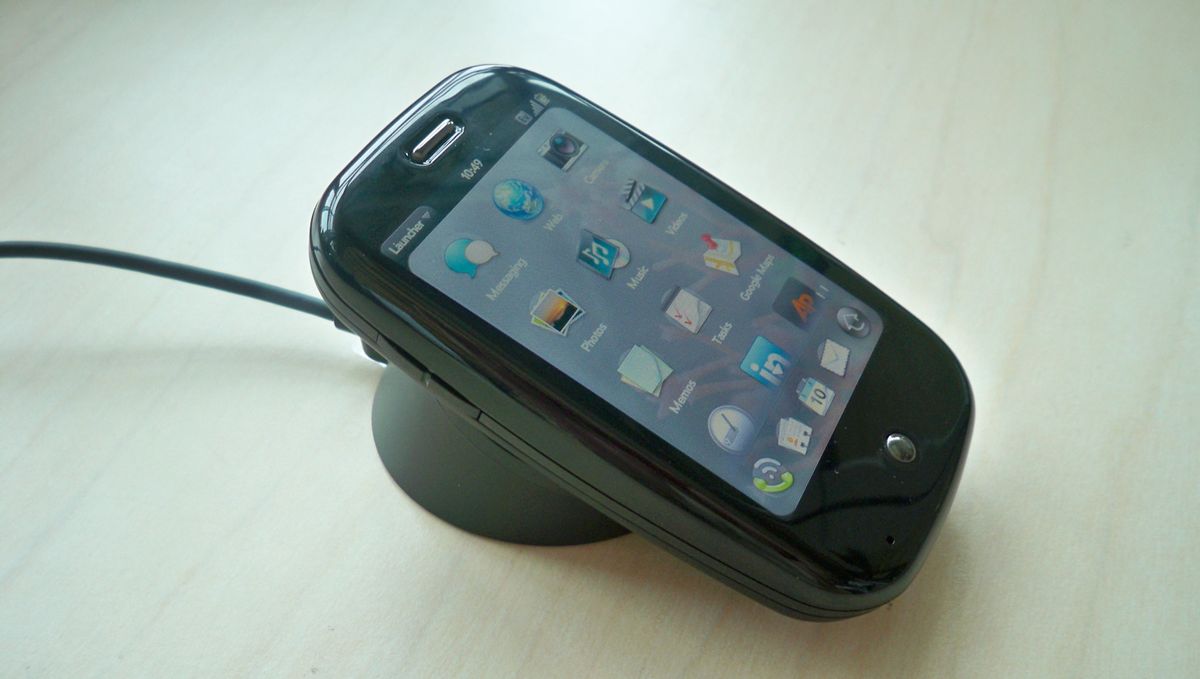 Palm Inc.'s Pre smartphone from 2009 sitting on a wireless charger.  (Patrick Moorehead)