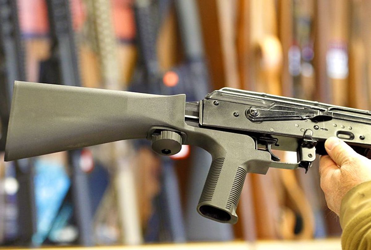 A bump stock device that fits on a semi-automatic rifle to increase the firing speed (Getty/George Frey)