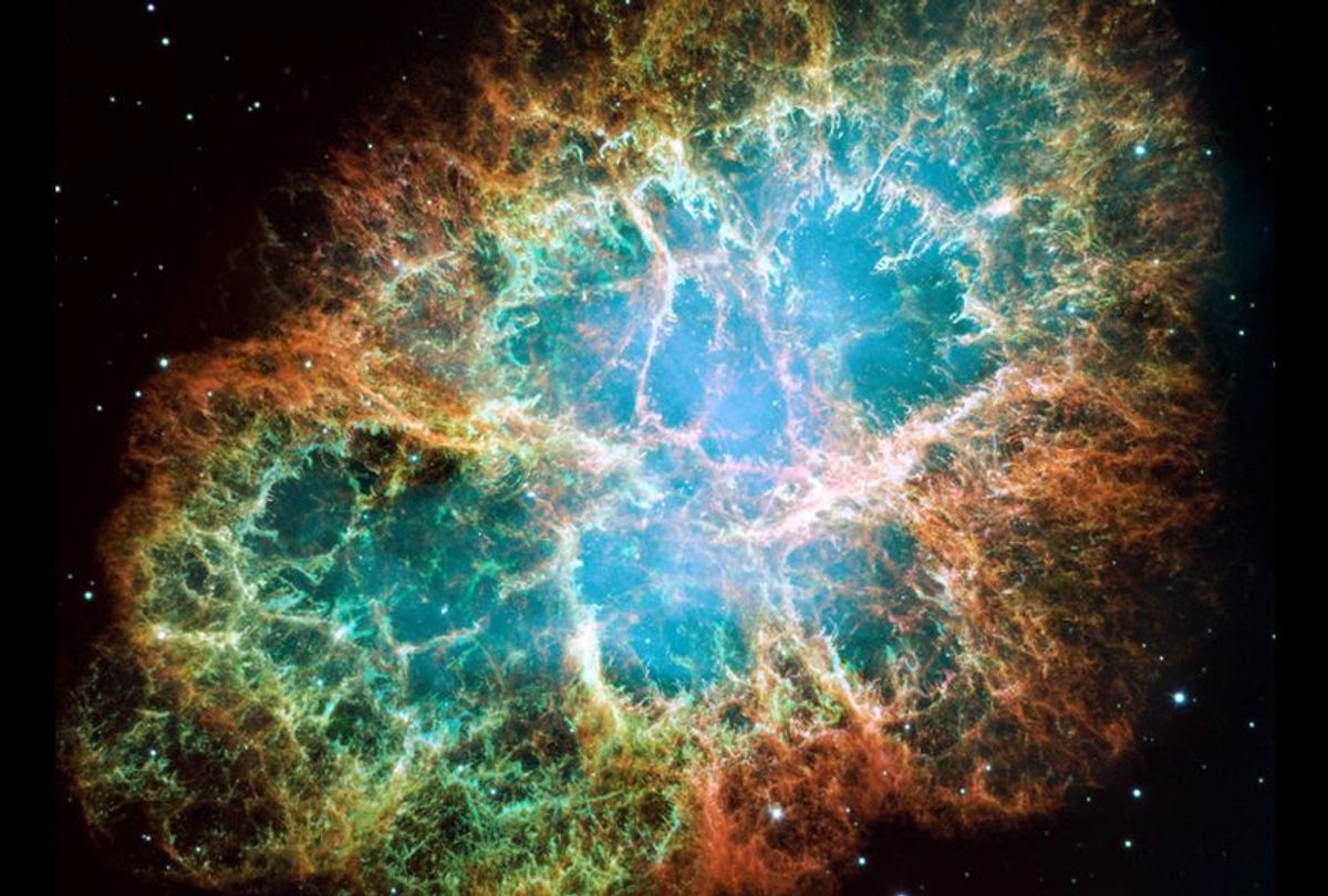 This image from NASA's Hubble Space Telescope shows the Crab Nebula, the remnant of a supernova explosion with a rapidly spinning neutron star embedded in its center. In October 2017, astronomers detected the merger of two neutron stars some 130 million light-years away. (Getty/NASA)