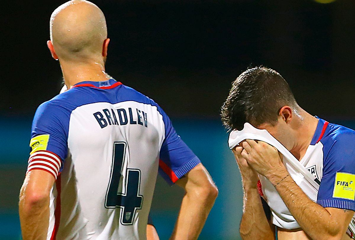 Michael Bradley and Christian Pulisic of the United States mens national team react to their loss against Trinidad and Tobago during the FIFA World Cup Qualifier (Getty/Ashley Allen)