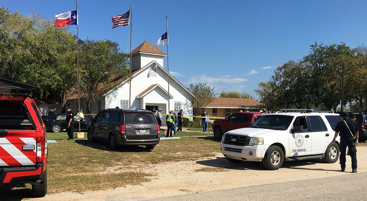 Emergency personnel respond to a fatal shooting at a Baptist church in Sutherland Springs, Texas, Sunday, Nov. 5, 2017. (KSAT via AP) (KSAT via AP)