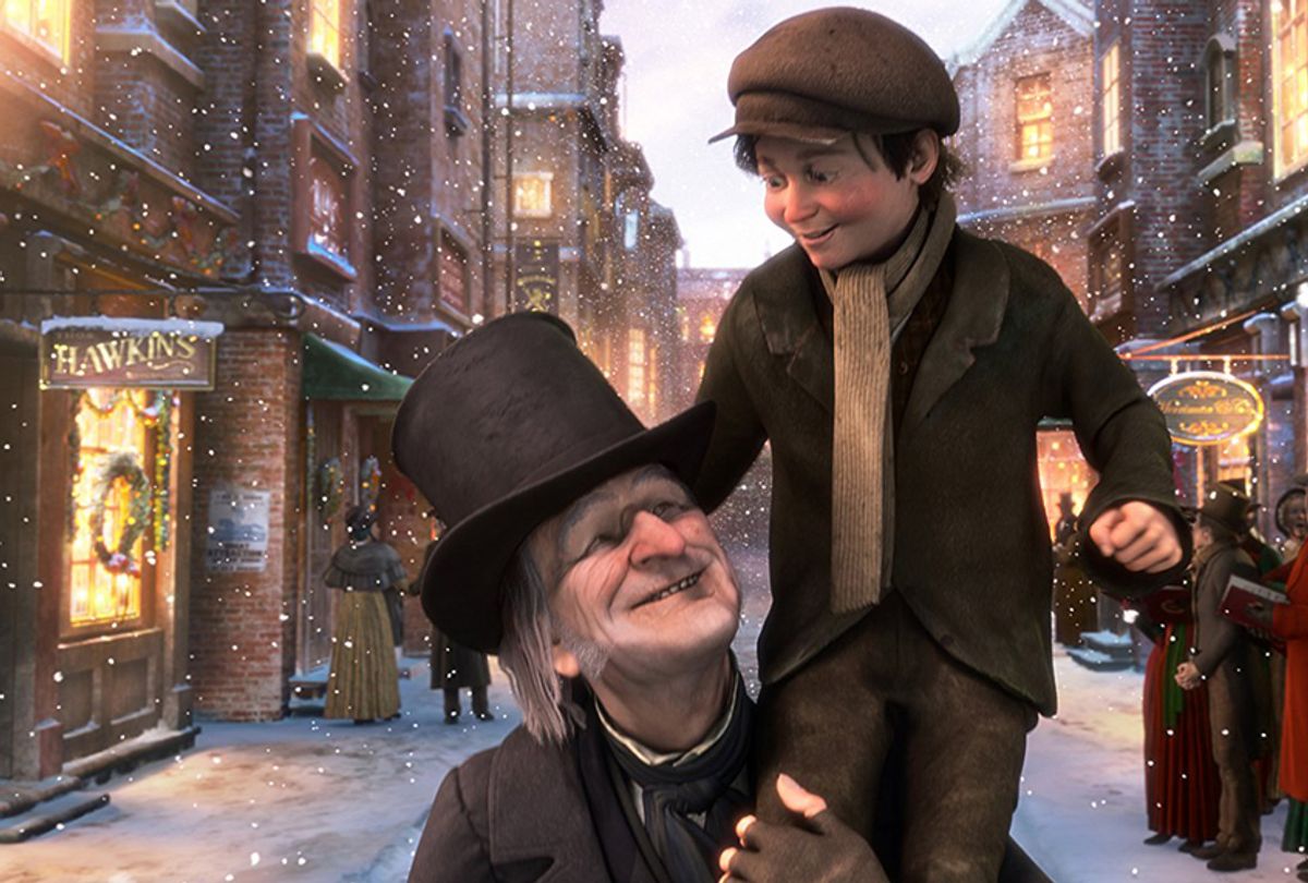 Jim Carrey as Ebenezer Scrooge and Gary Oldman as Tiny Tim in "A Christmas Carol" (Walt Disney Studios Motion Pictures)
