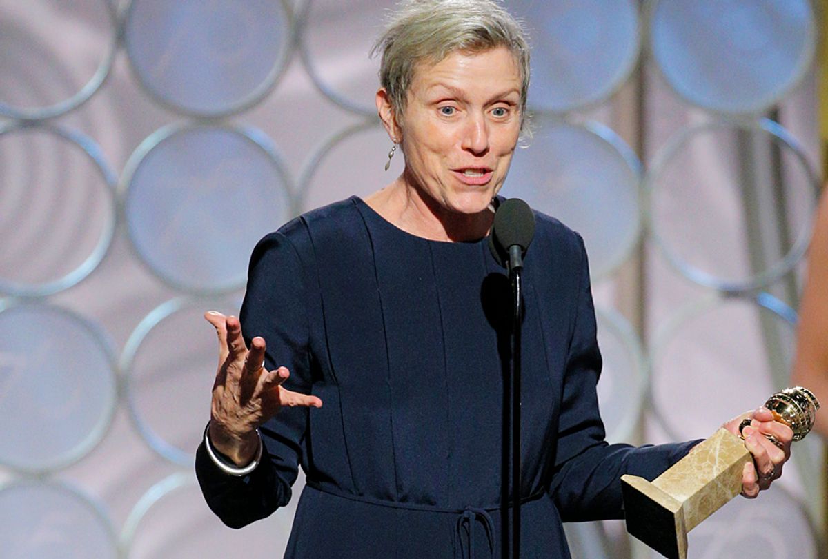 Frances McDormand accepts the award for Best Performance by an Actress in a Motion Picture – Drama for “Three Billboards Outside Ebbing, Missouri”  during the 75th Annual Golden Globe Awards (Getty/Paul Drinkwater)