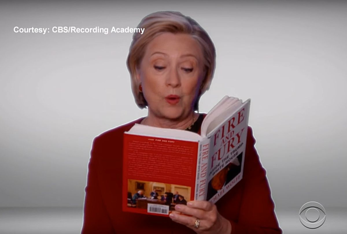 Hillary Clinton reading "Fire and Fury" during the "60th annual Grammy Awards" (YouTube/CBS News)