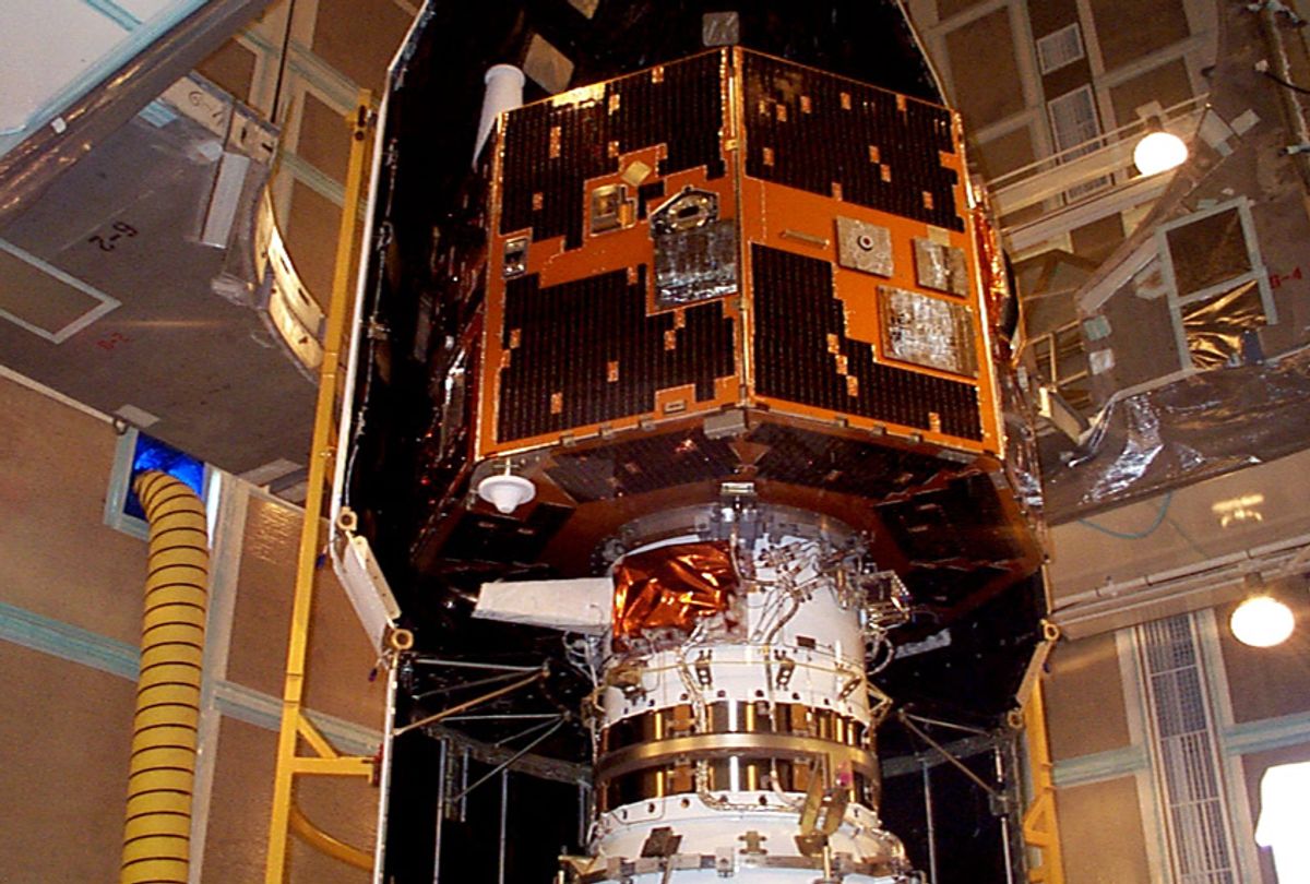 The IMAGE spacecraft undergoing launch preparations in early 2000. (NASA)