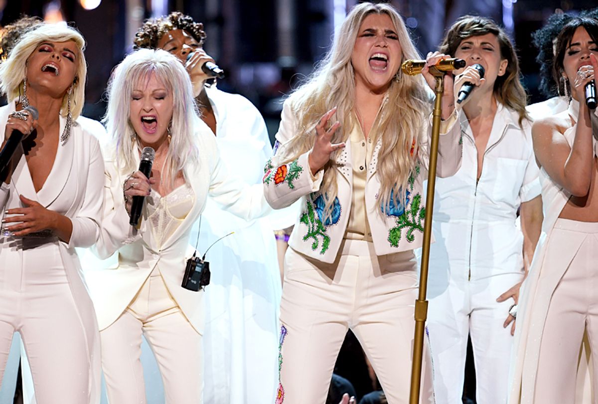 Kesha performs "Praying" with Bebe Rexha, Cyndi Lauper, Camila Cabello, and The Resistance Revival Chorus during the 60th Annual Grammy Awards (Getty/Kevin Winter)