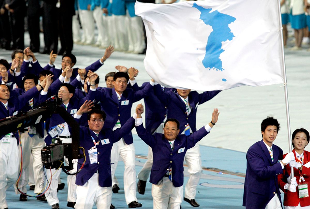 North and South Korean athletes waving a unification flag during the opening ceremony of the 4th East Asian Games (AP/Ng Han Guan)