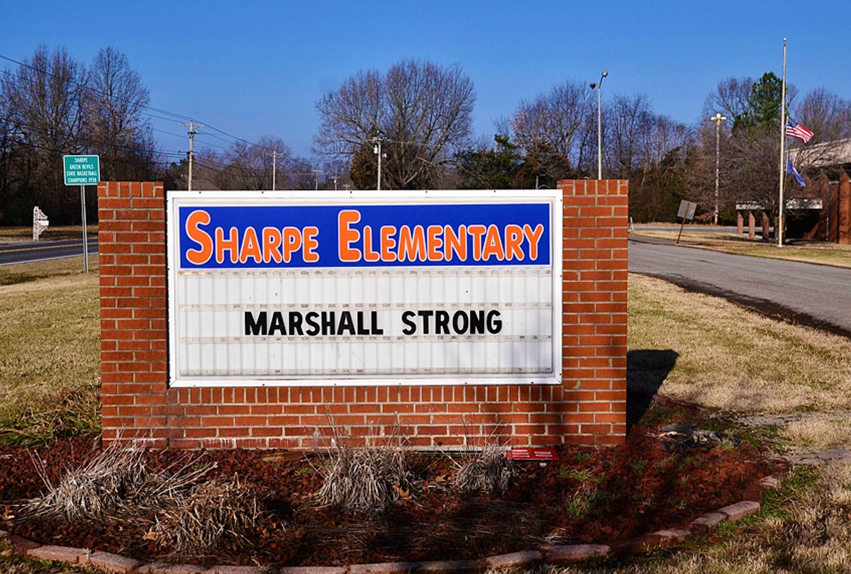 A sign displays "Marshall Strong" at Sharpe Elementary in Marshall County, Jan. 24, 2018, in Sharpe, Ky., a day after a fatal school shooting at nearby Marshall County High School. (AP/Stephen Lance Dennee)