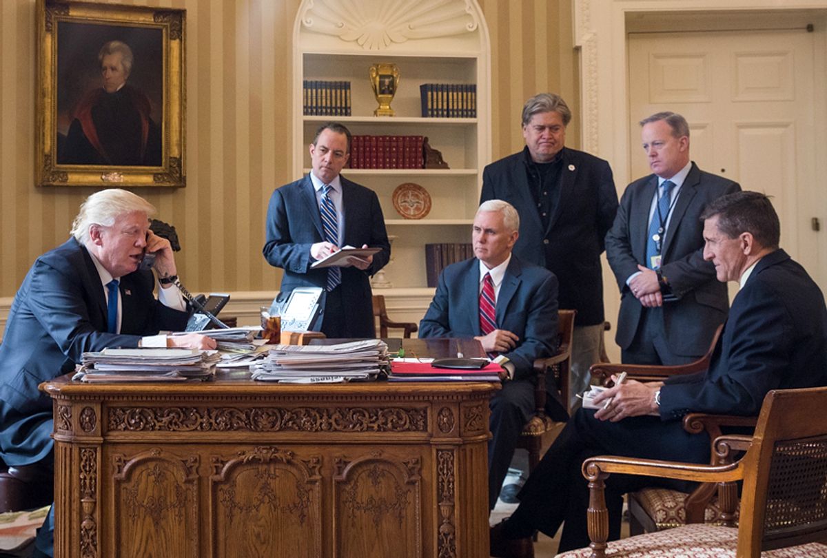 Donald Trump; Reince Priebus; Mike Pence; Steve Bannon; Sean Spicer; Michael Flynn (Getty/Drew Angerer)