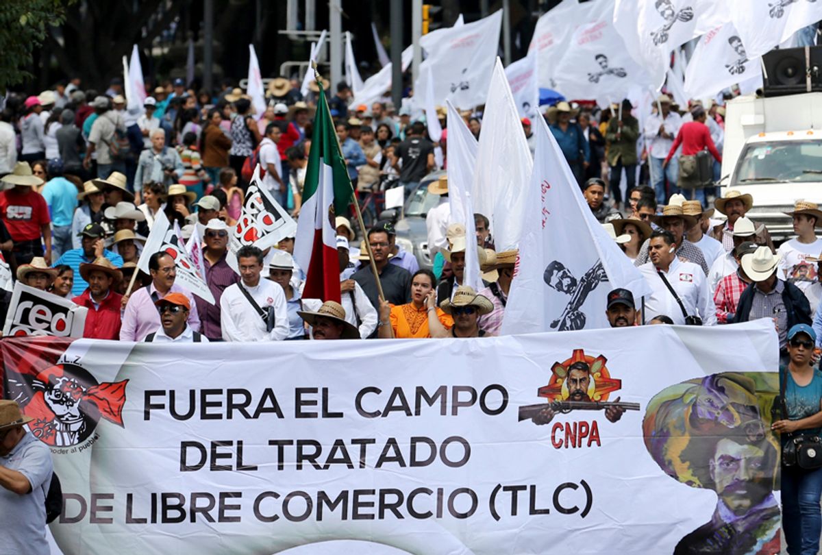 Farmers march with a sign that reads "Remove farming from NAFTA" in Mexico City. (AP/Gustavo Martinez Contreras)