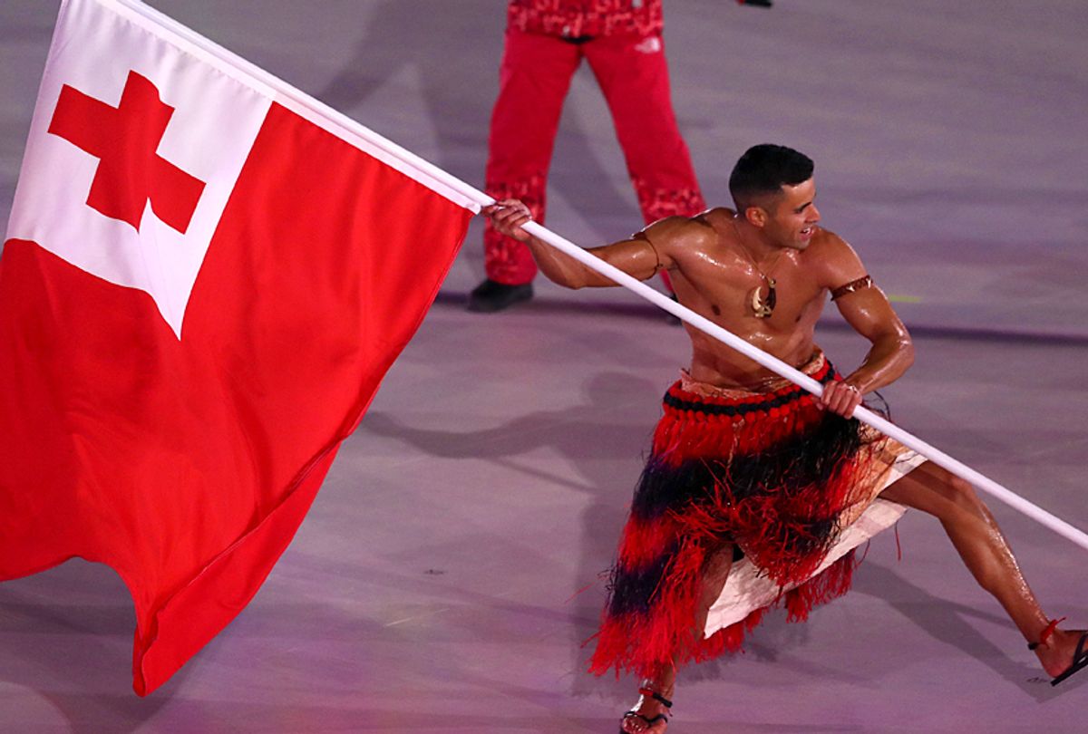 Flag bearer Pita Taufatofua of Tonga leads the team during the Opening Ceremony of the PyeongChang 2018 Winter Olympic Games (Getty/Lars Baron)