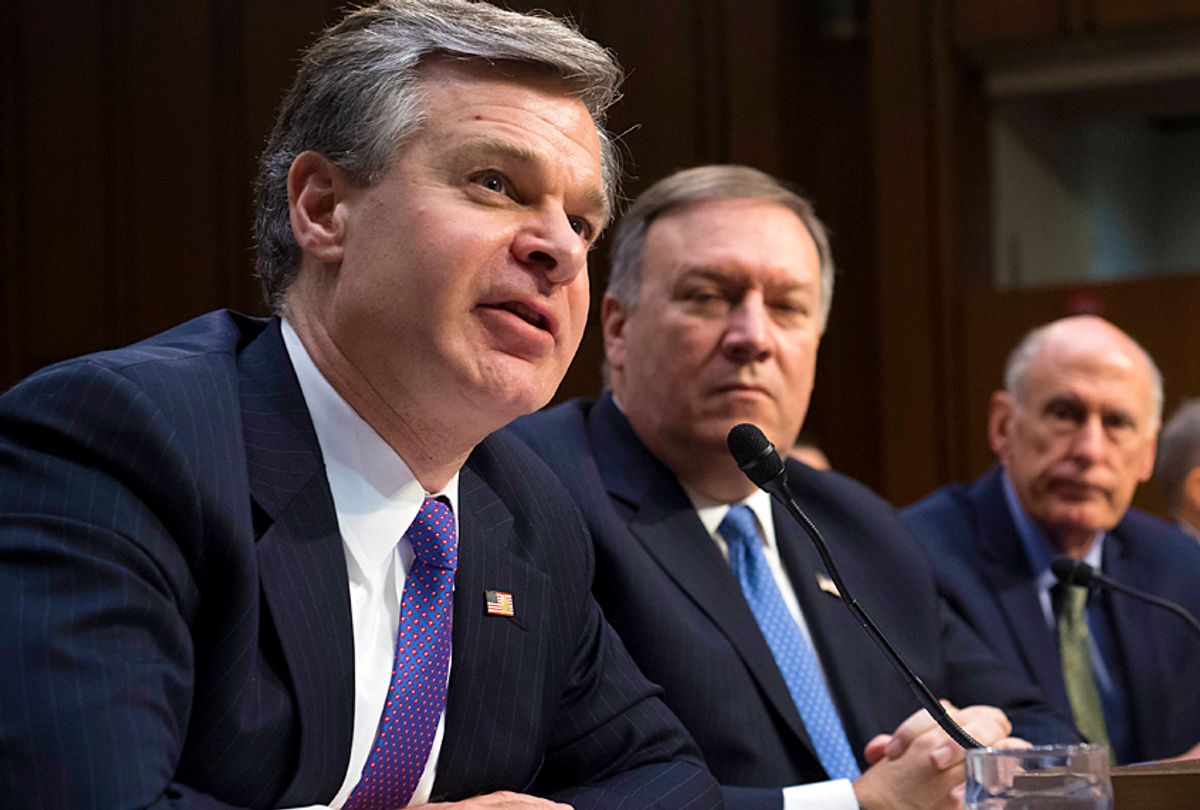 FBI Director Christopher Wray, CIA Director Mike Pompeo, and Director of National Intelligence Dan Coats (Getty/Saul Loeb)