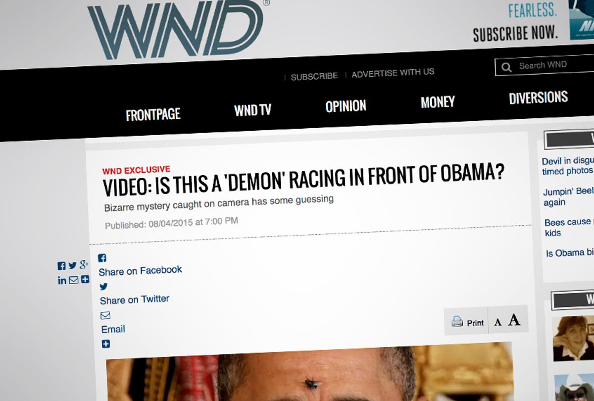 A screenshot from a 2015 article from WND.com promoting the idea that then-president Barack Obama might be demon-possessed. (wnd.com)