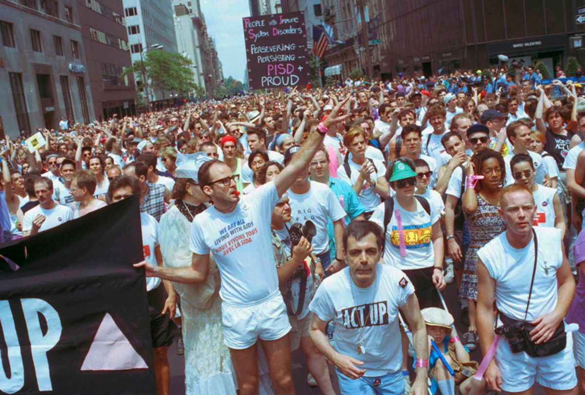 Members of ACT-UP march in New York's annual Gay Pride Parade, June 25, 1990. (AP/Joseph F. Major)