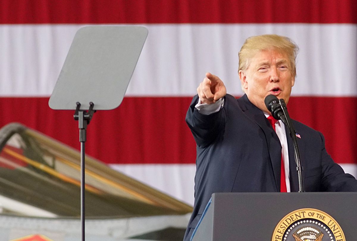 Donald Trump addresses troops at Miramar Marine Corp Air Station. (Getty/Sandy Huffaker)