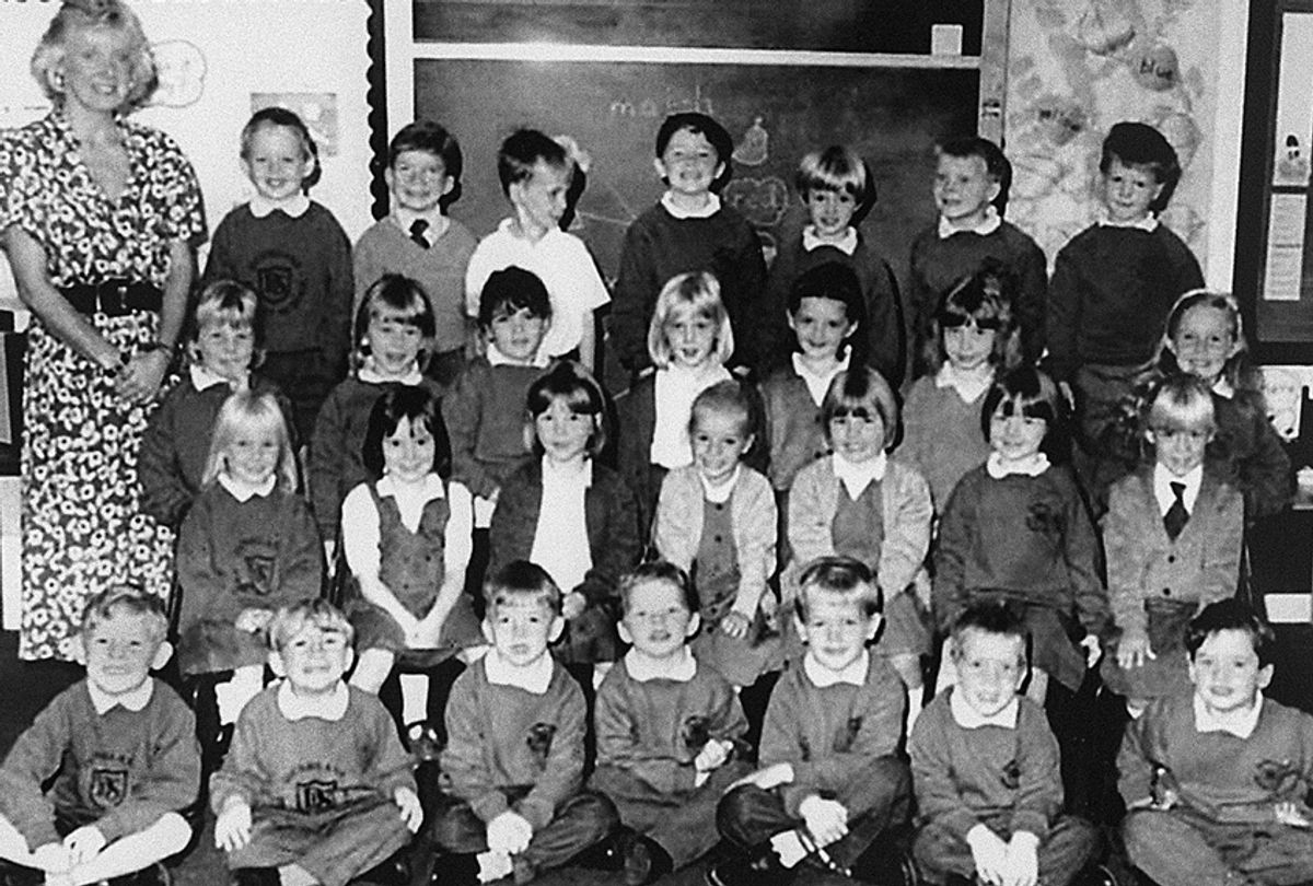 The Primary 1 class at Dunblane Primary School, pictured with teacher Gwenne Mayor, who was killed with sixteen of the children as gunman Thomas Hamilton burst into the class, shooting indiscriminately 13 March 1996. (Getty)