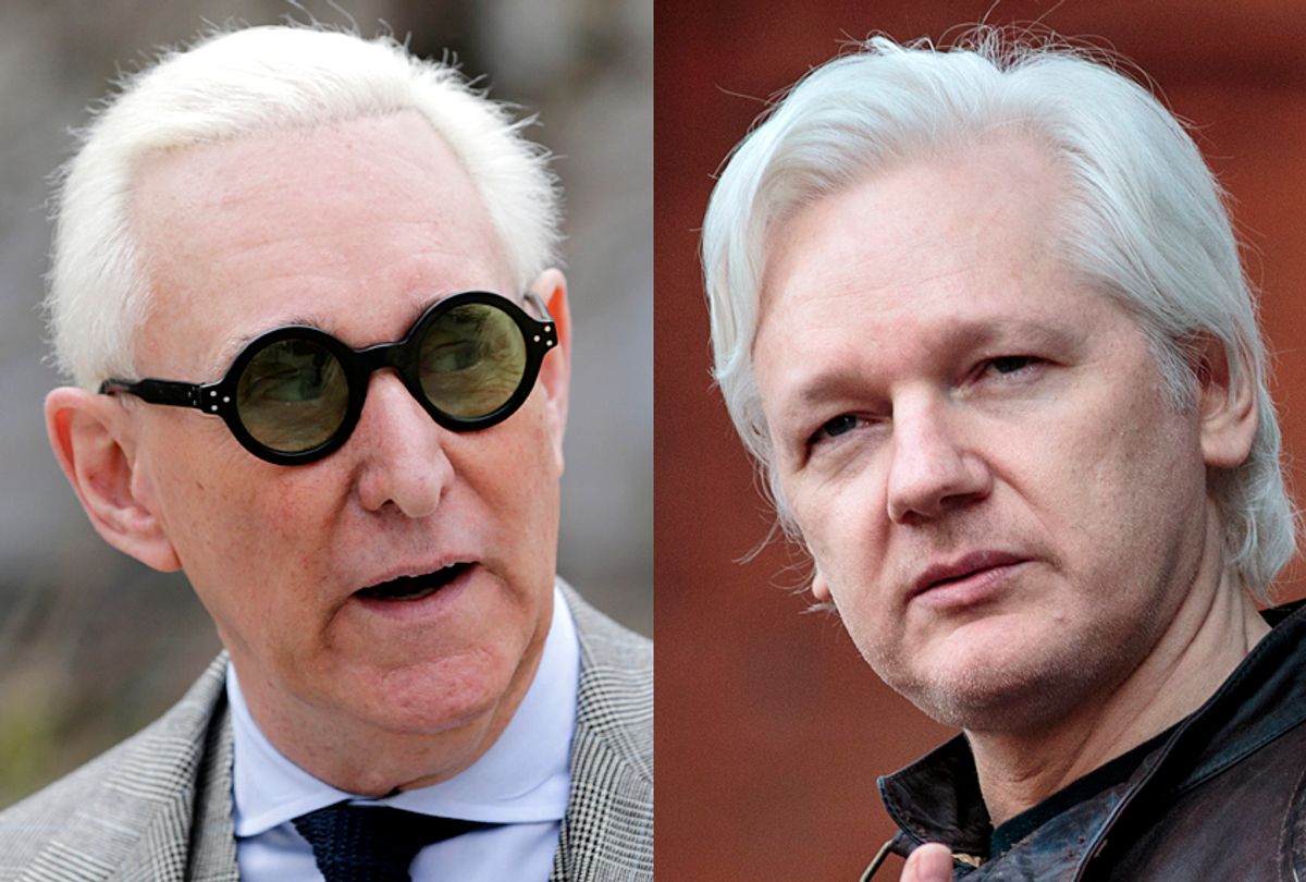 Roger Stone; Julian Assange (AP/Seth Wenig/Getty/Jack Taylor)