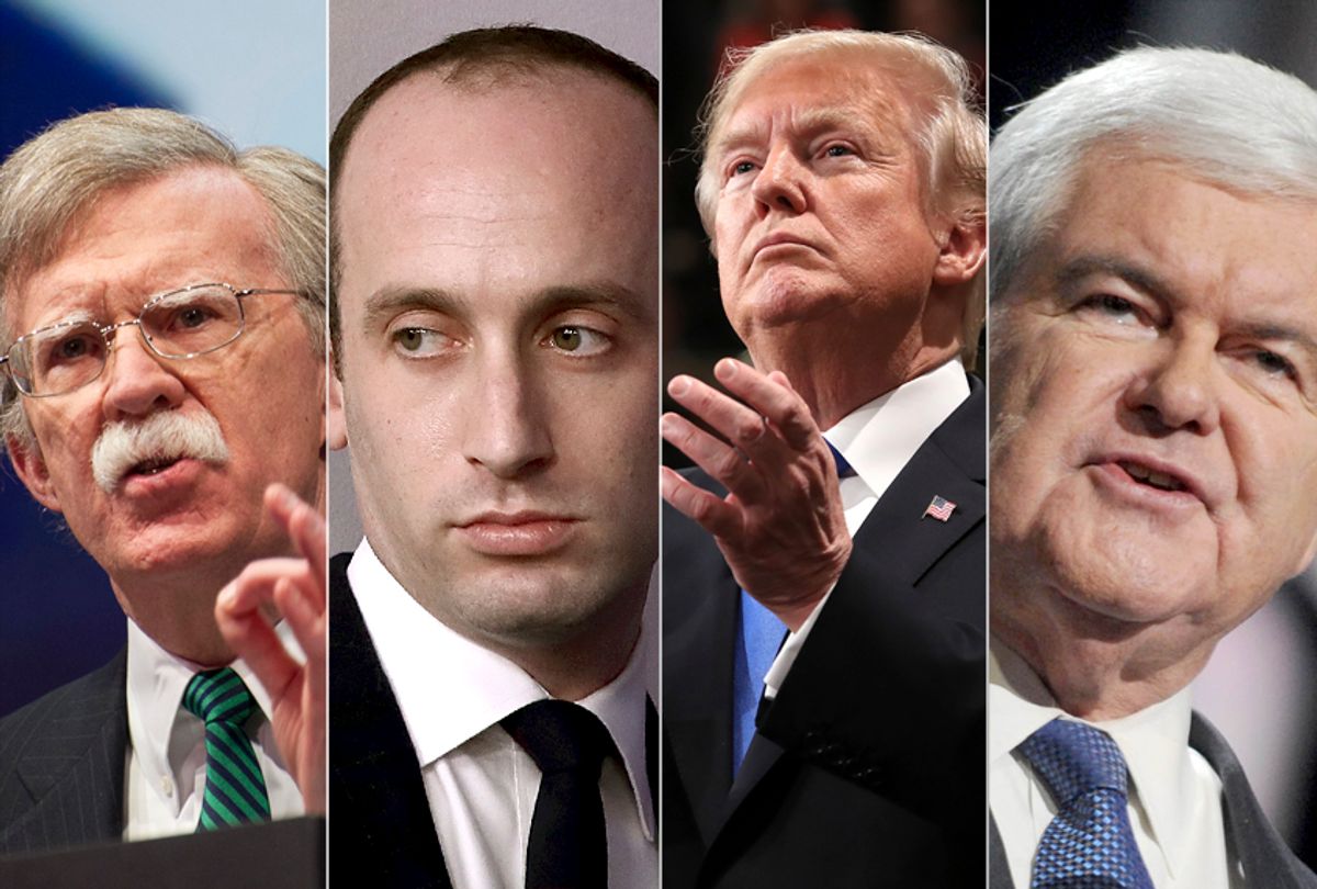 John Bolton; Stephen Miller; Donald Trump; Newt Gingrich (AP/Getty)