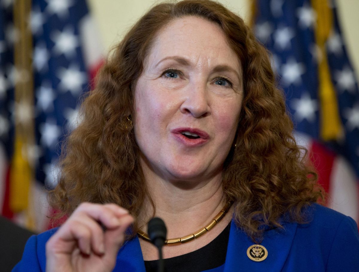 Rep. Elizabeth Esty, D-Conn. speaks on Capitol Hill in Washington, Wednesday, March 4, 2015, about bipartisan legislation on gun safety. Esty was joined by others at the news conference including former Arizona Rep. Gabby Giffords, who returned to Capitol Hill to join forces with advocates of expanded criminal background checks on all commercial firearms sales. The measure is considered a longshot because of opposition by the National Rifle Association. Giffords was shot in the head during a 2011 rampage in Arizona that left six people dead and a dozen others wounded. (AP Photo/Carolyn Kaster) (AP)
