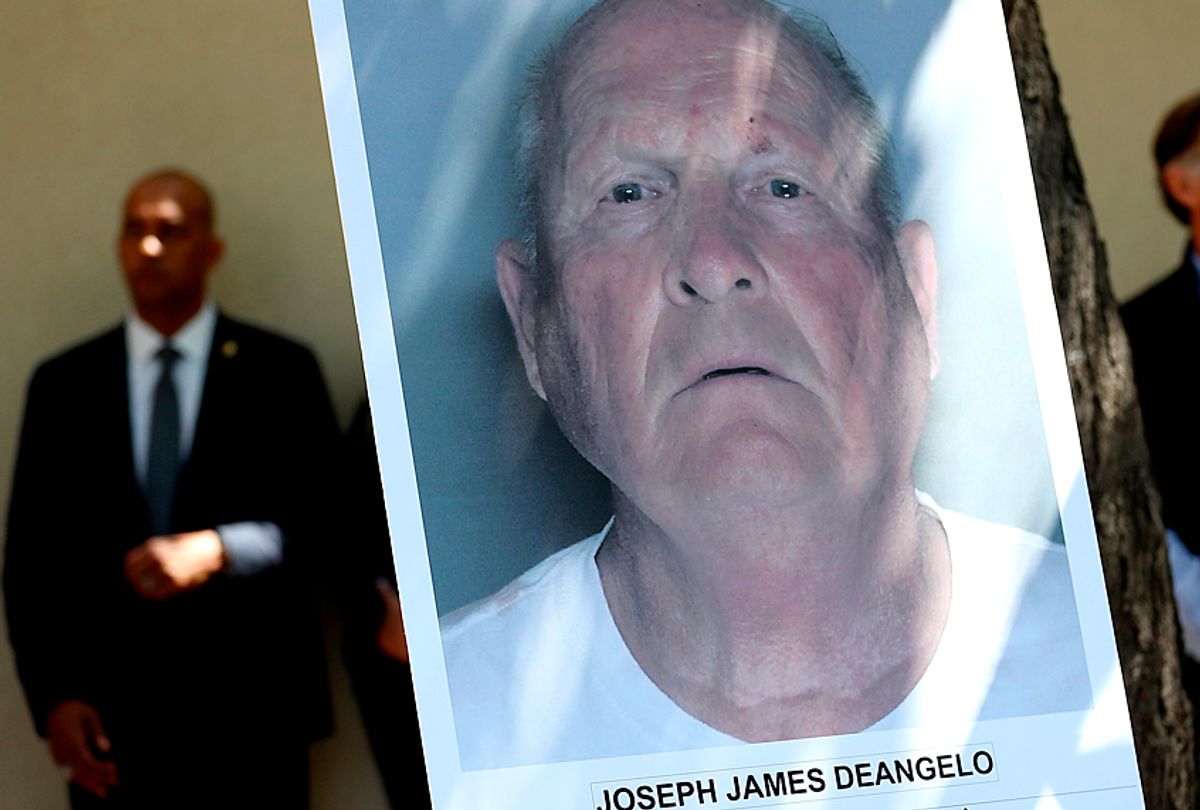 A photo of accused rapist and killer Joseph James DeAngelo is displayed during a news conference on April 25, 2018. (Getty/Justin Sullivan)