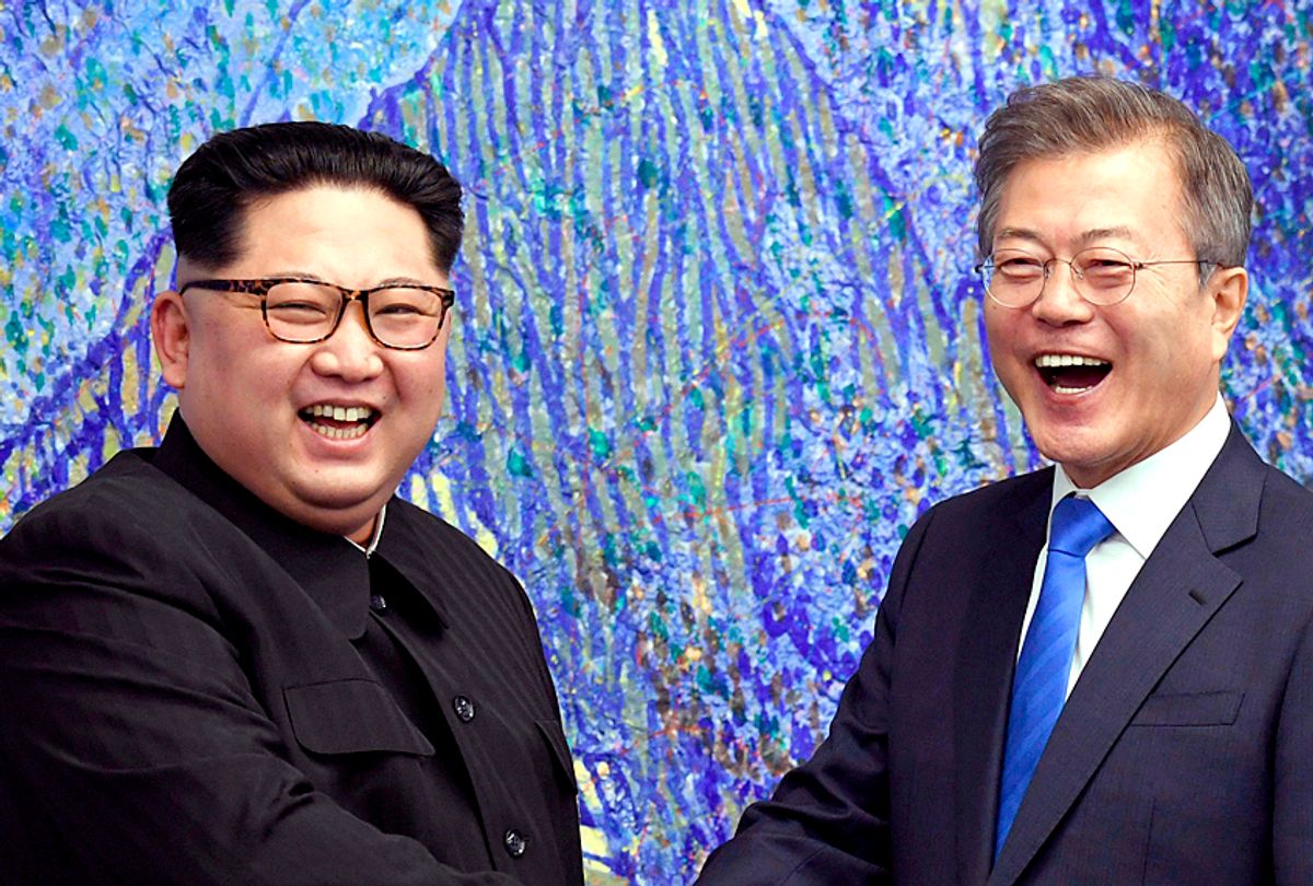 North Korean leader Kim Jong Un poses with South Korean President Moon Jae-in inside the Peace House at the border village of Panmunjom in Demilitarized Zone, April 27, 2018. (Korea Summit Press Pool via AP)