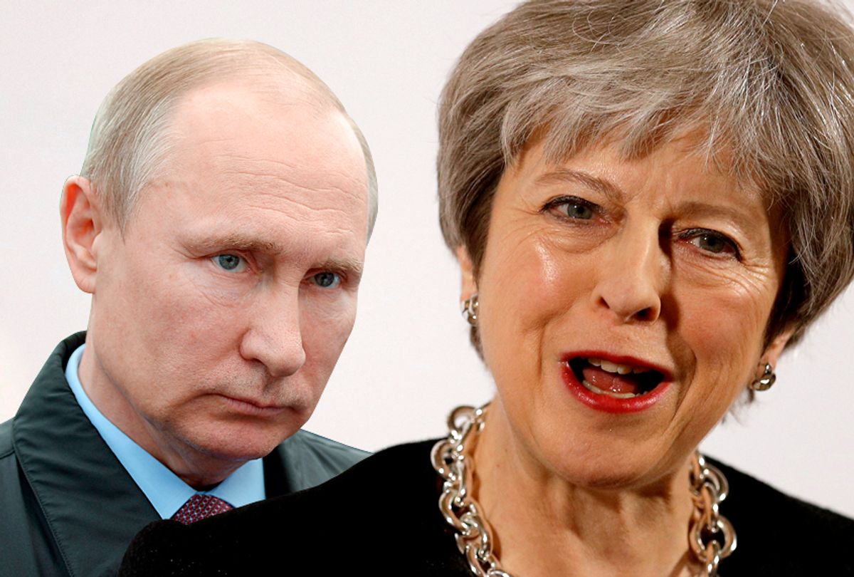 Vladimir Putin; Theresa May (AP/Alexei Nikolsky/Peter Nicholls/Salson)