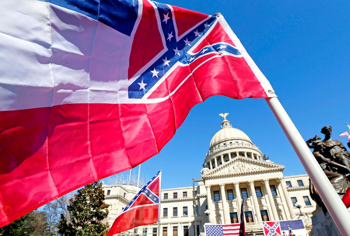Mississippi state flag in front of the state Capitol in Jackson, Mississippi. (AP/Rogelio V. Solis)