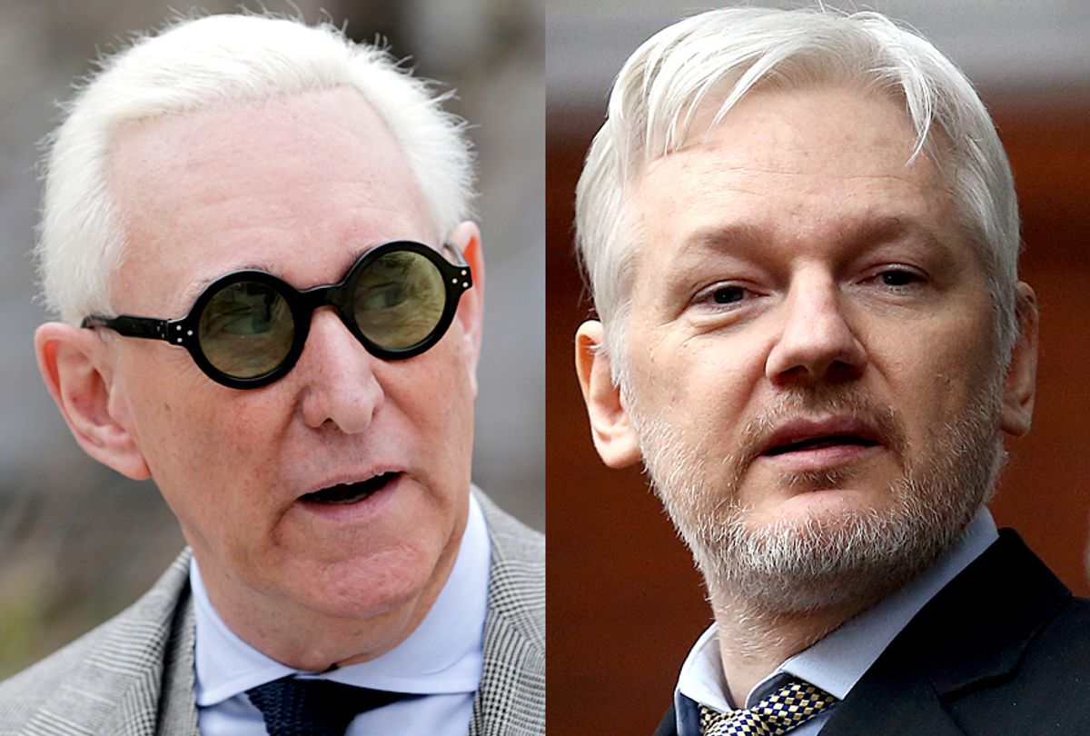 Roger Stone; Julian Assange (AP/Seth Wenig/Getty/Carl Court)