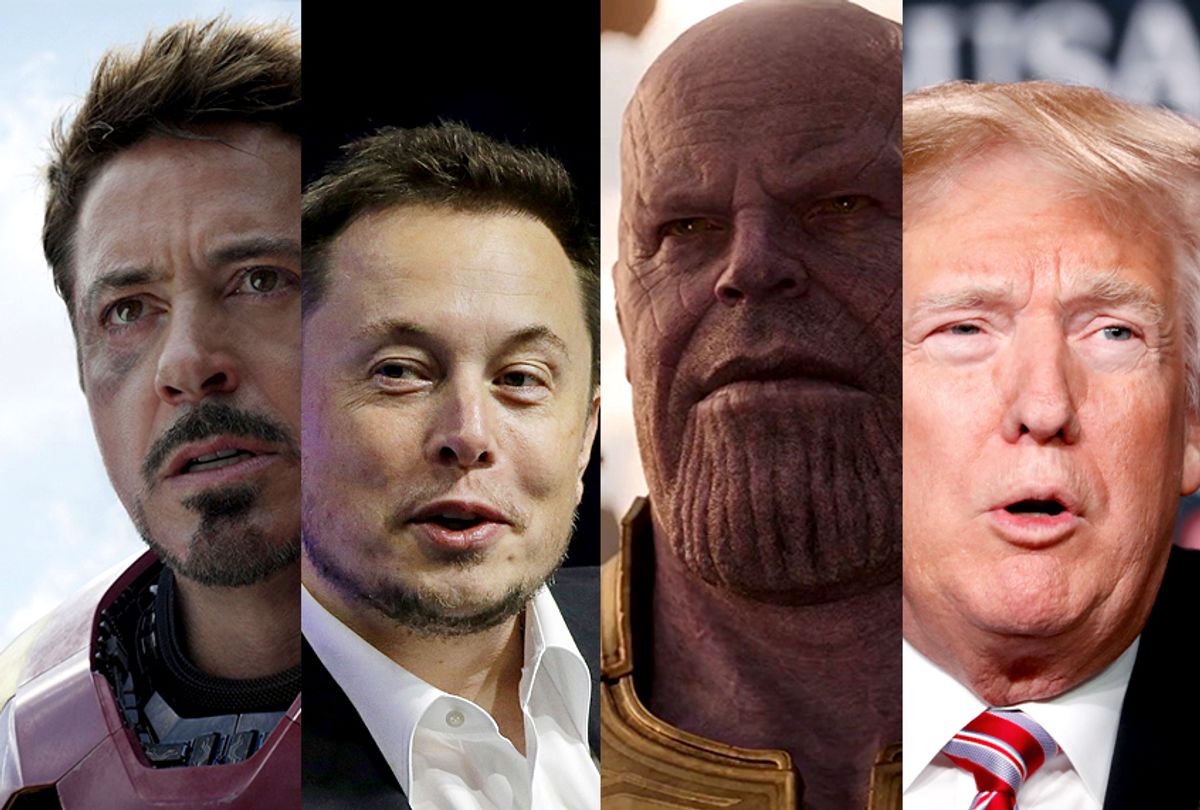 Robert Downey Jr. as Iron Man; Elon Musk; Josh Brolin as Thanos; Donald Trump (Marvel Studios/AP Photo)