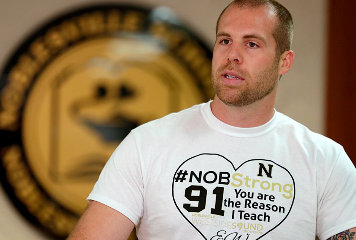 Jason Seaman, a teacher at Noblesville West Middle School, speaks during a news conference, May 28, 2018. Seaman tackled and disarmed a student with a gun at the school on Friday. (AP/Michael Conroy)