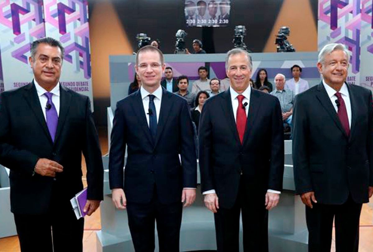 Presidential candidates Jaime Rodriguez, Ricardo Anaya, Jose Antonio Meade, and Andres Manuel Lopez Obrador attend the second of three debates, on Sunday, May 20, 2018. (INE via AP)