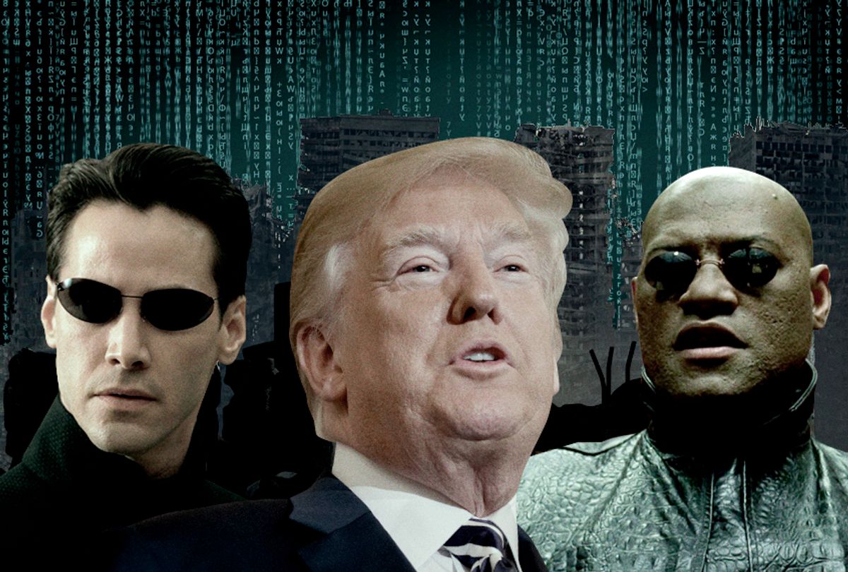 Keanu Reeves as Neo; Donald Trump; Laurence Fishburne as Morpheus (AP/Getty/Warner Bros. Pictures/Photo Montage by Salon)