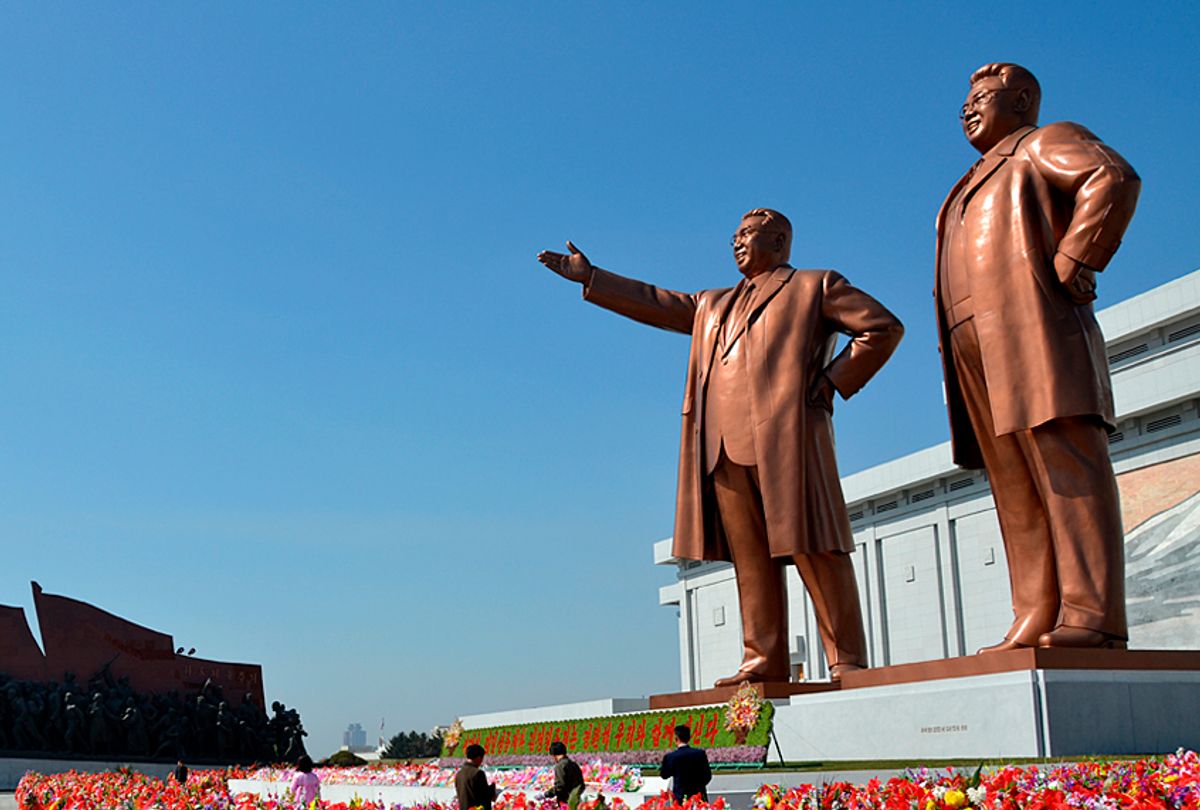 Colossal bronzes of the Great Leader Kim Il-sung and the Dear Leader Kim Jong-il dominate the Mansu Hill district of Pyongyang.