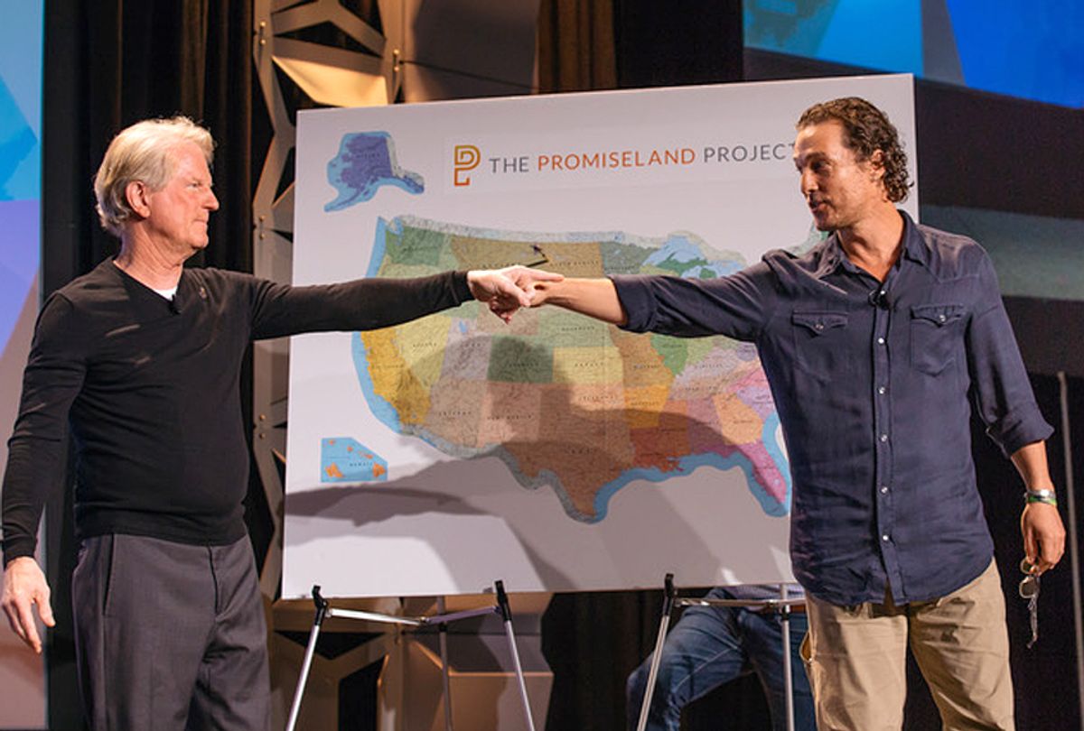 Roy Spence launches The Promiseland Project with good friend and Austinite Matthew McConaughey before a standing room only crowd at SXSW on March 10, 2018. (Promiseland Project)