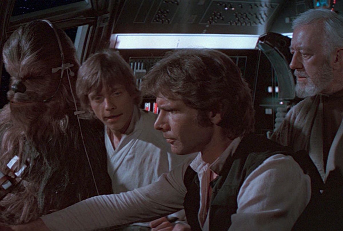 Peter Mayhew as Chewbacca, Mark Hamill as Luke Skywalker, Harrison Ford as Han Solo, and Alec Guinness as Obi-Wan "Ben" Kenobi in "Star Wars: Episode IV – A New Hope" (Lucas Films)
