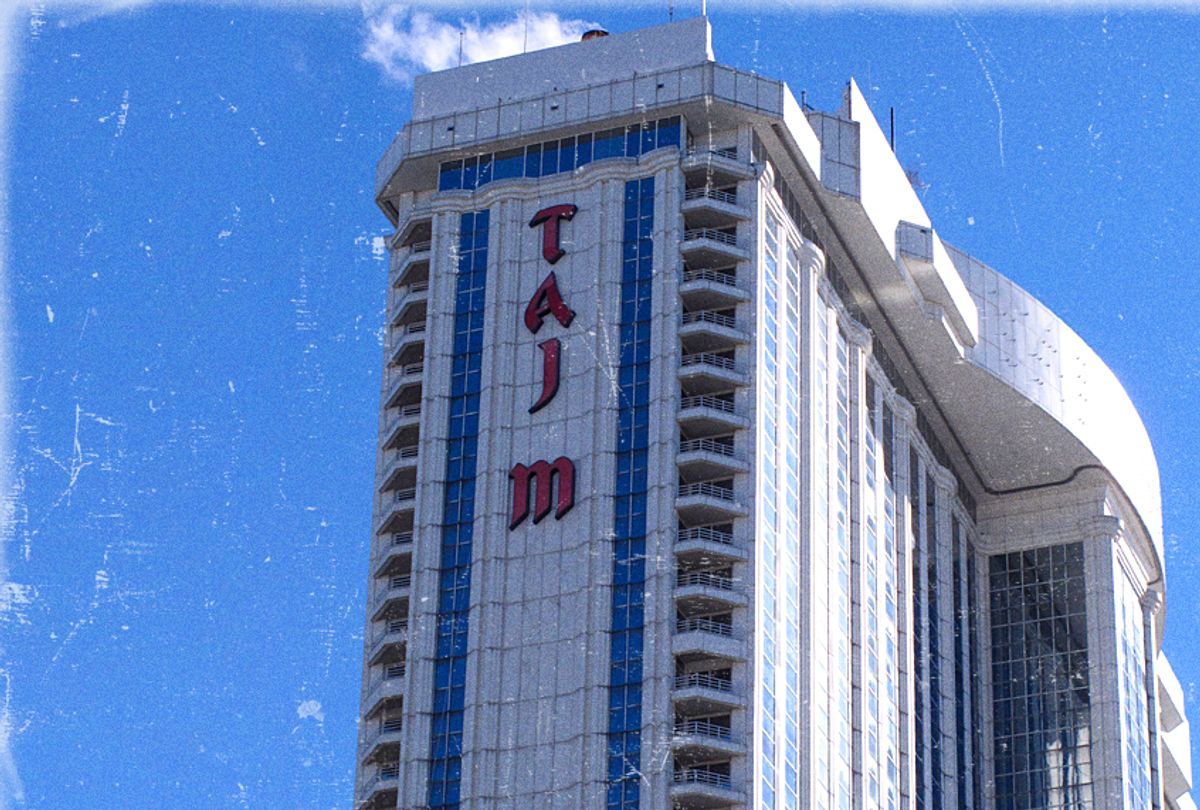 Shown is what remains of the logo on the former Trump Taj Mahal casino in Atlantic City, N.J. (AP/Getty/Salon)